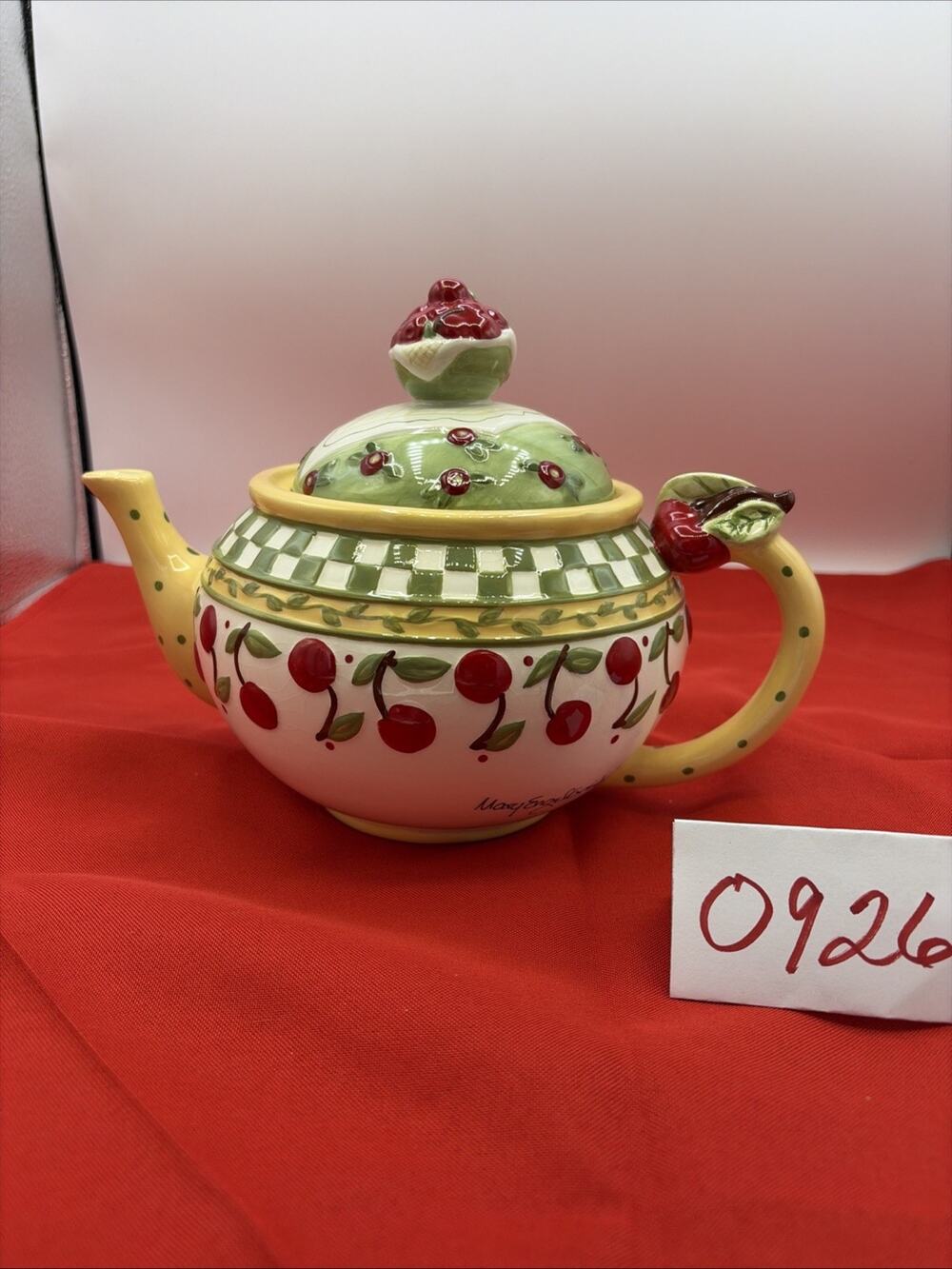 Vintage Mary Engelbreit Cherries Jubilee Teapot Enesco 1998 6.5" x 9.5"